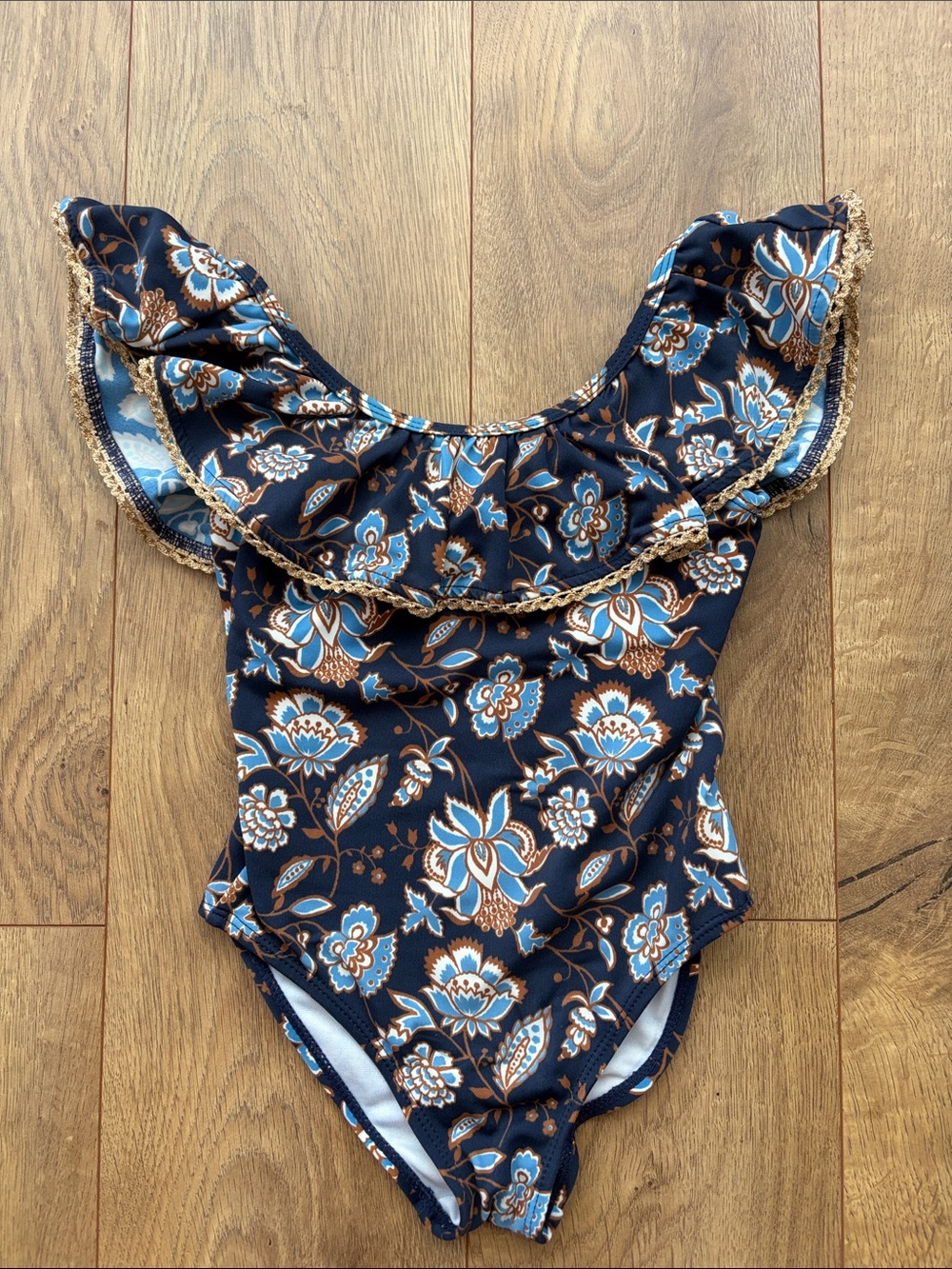 Janie and Jack Navy Floral Ruffle One-Piece Swimsuit with Blue & Brown Accents